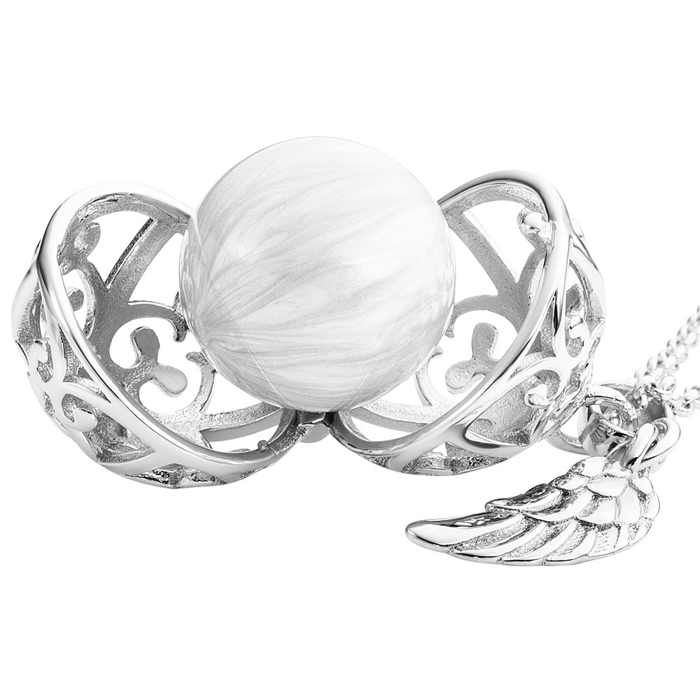 ENGELSRUFER SILVER WHITE PEARL SMALL ANGEL WING SOUNDBALL PENDANT