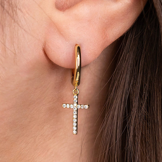 ENGELSRUFER GOLD LITTLE CROSS CZ DANGLE HOOP EARRINGS
