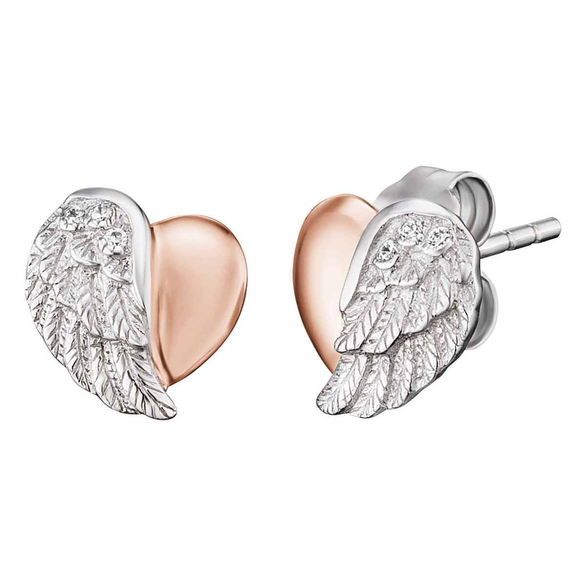 ENGELSRUFER SILVER ROSE GOLD HEARTWING STUD EARRINGS