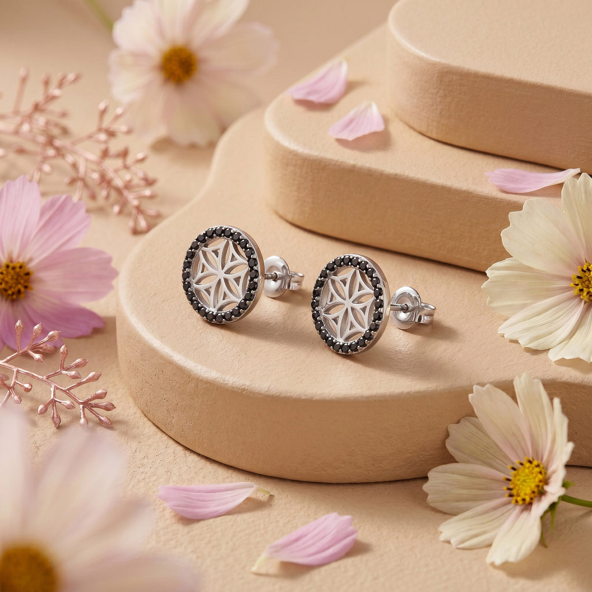 ENGELSRUFER SILVER FLOWER OF LIFE BLACK CZ EARRINGS