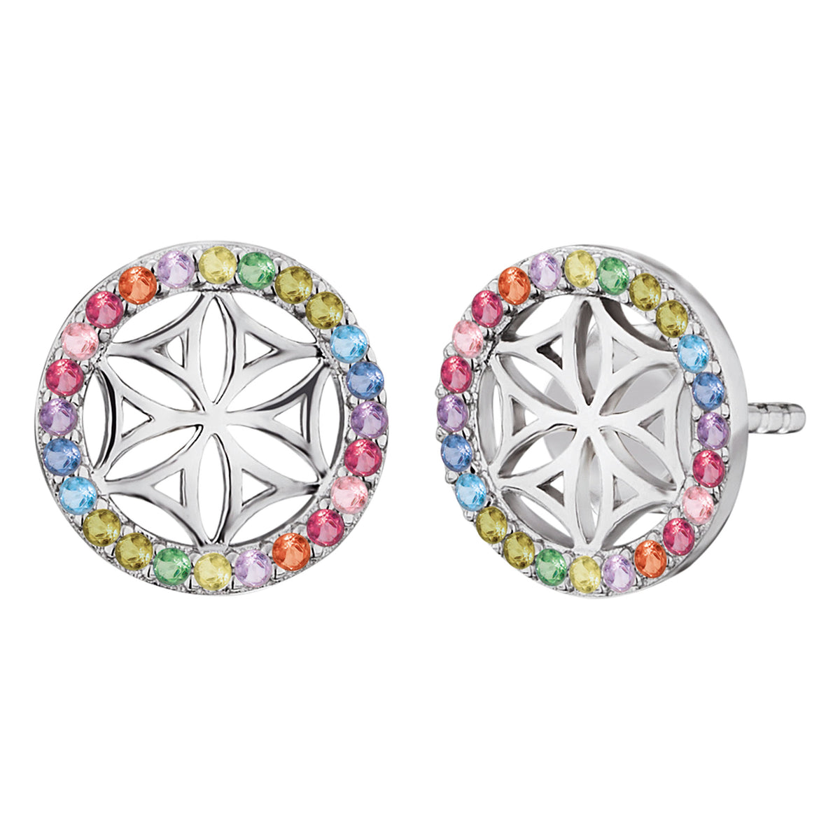 ENGELSRUFER SILVER FLOWER OF LIFE RAINBOW CZ STUD EARRINGS