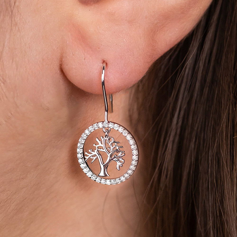 ENGELSRUFER SILVER TREE OF LIFE DANGLE CZ HALO CIRCLE EARRINGS
