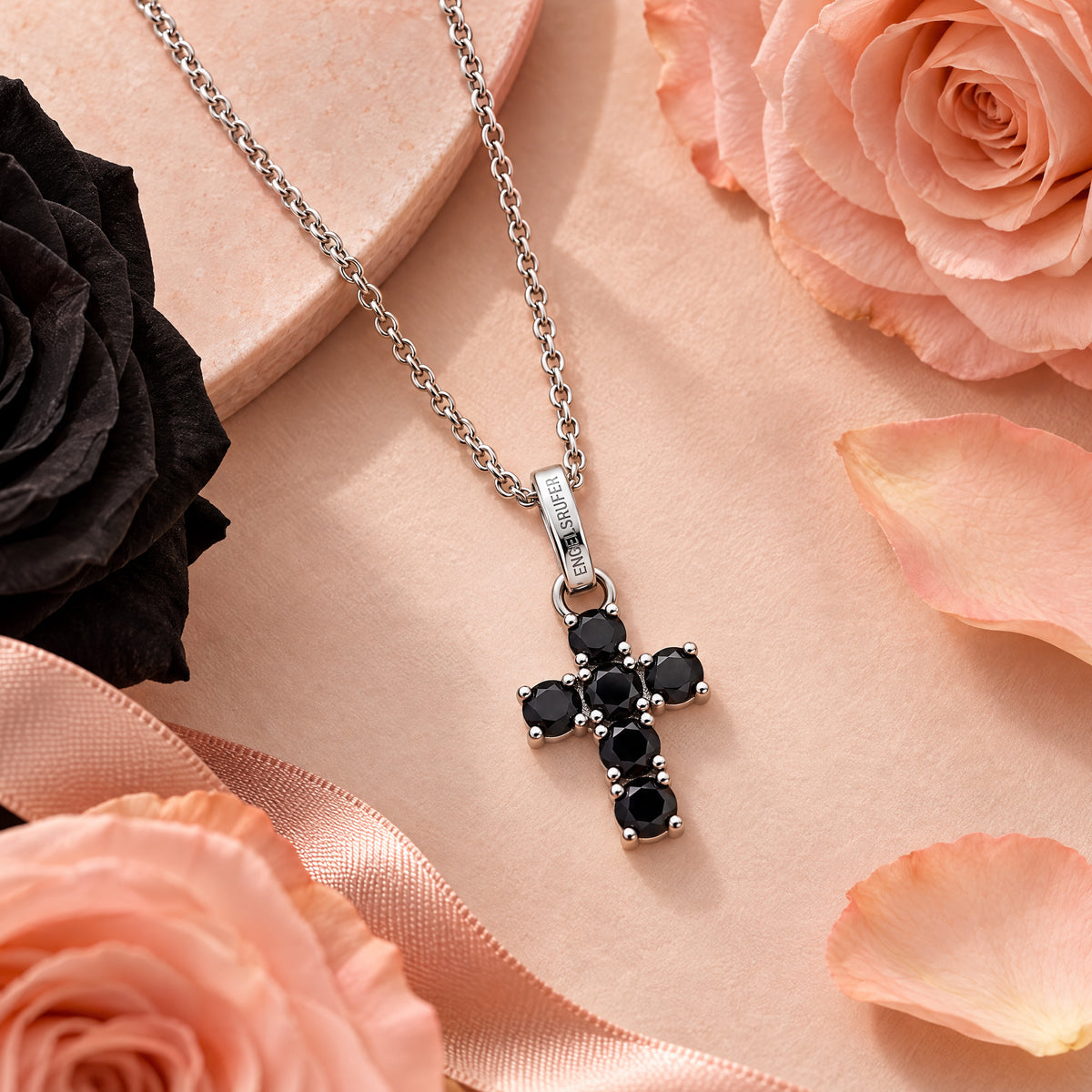 ENGELSRUFER SILVER HOPE CROSS BLACK CZ NECKLACE