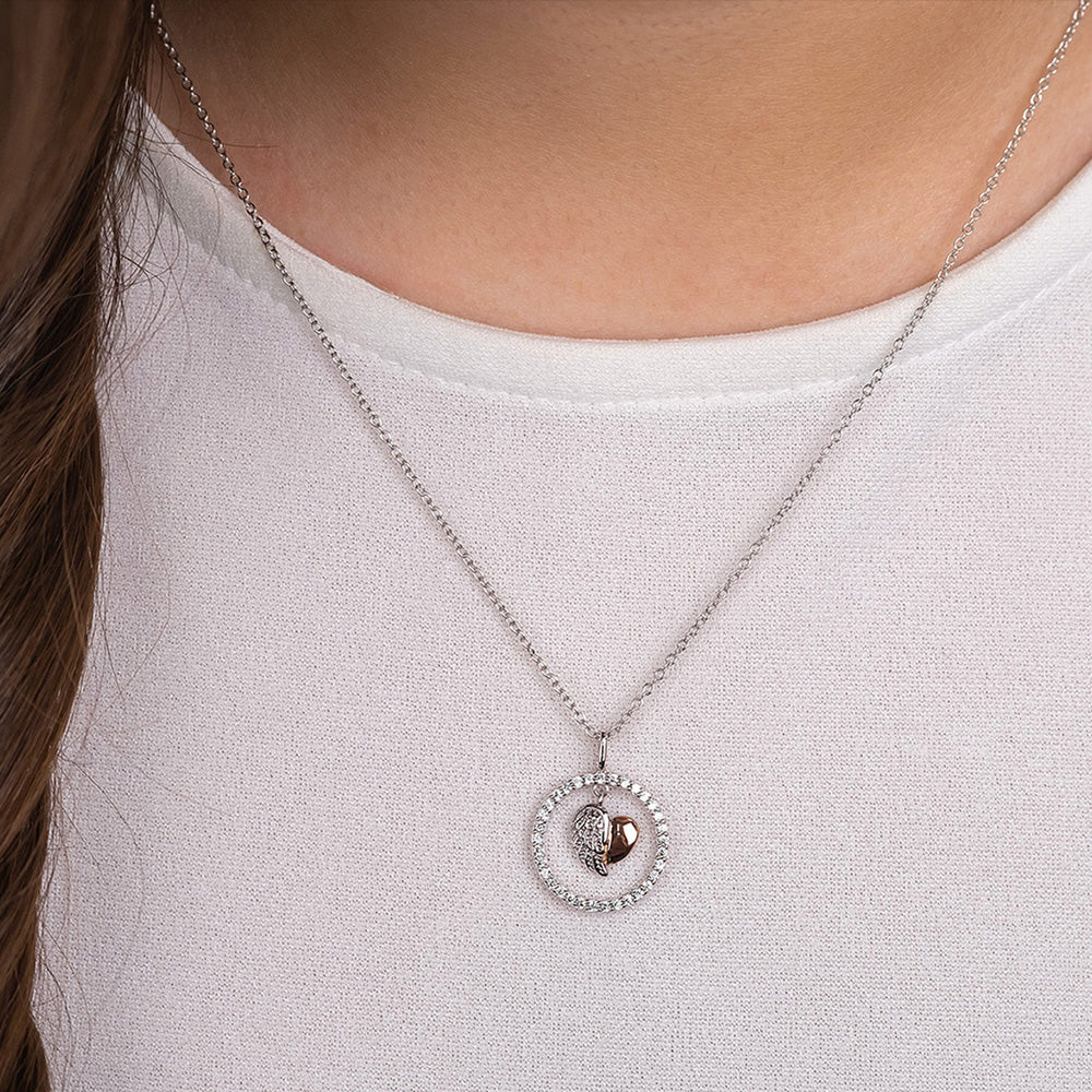 ENGELSRUFER SILVER ROSE GOLD HEARTWING DANGLE CZ HALO CIRCLE NECKLACE
