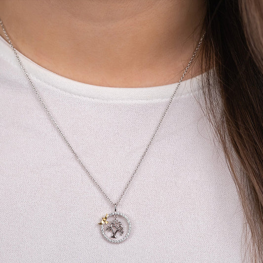 ENGELSRUFER SILVER TREE OF LIFE DANGLE CZ HALO CIRCLE NECKLACE