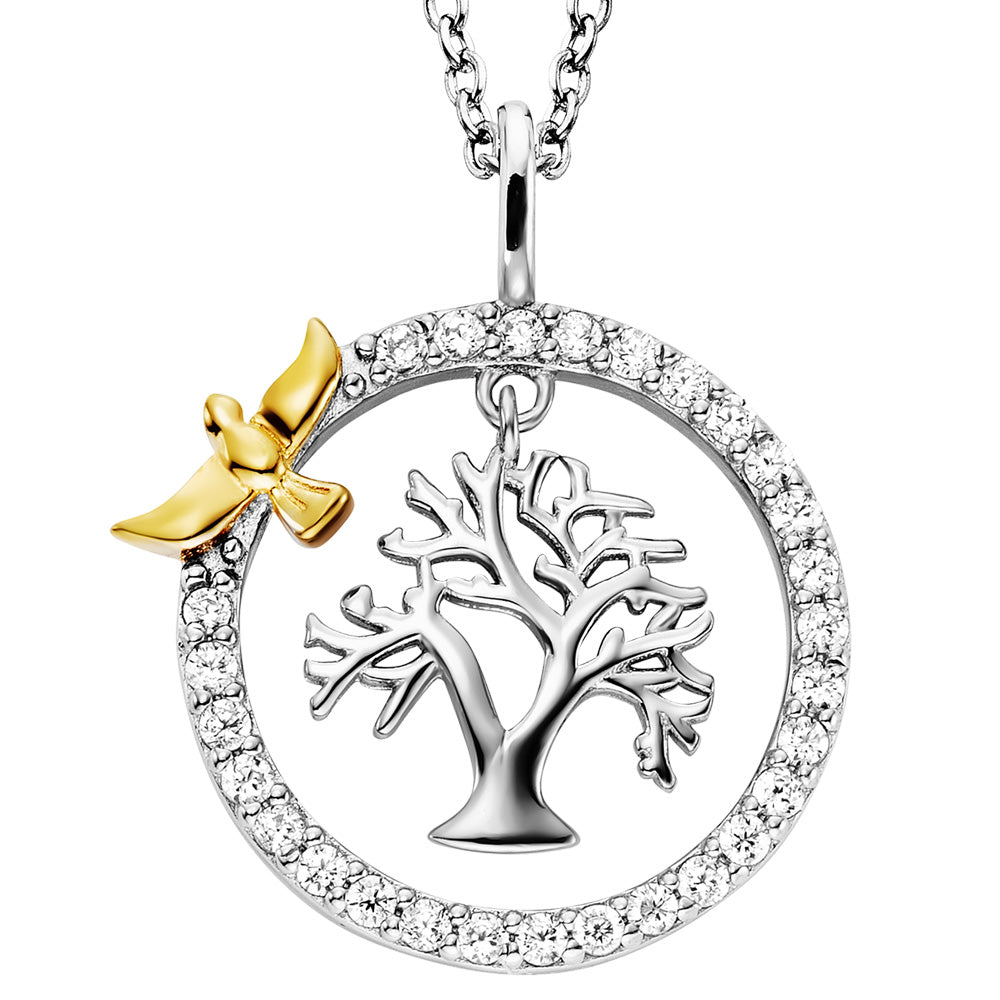 ENGELSRUFER SILVER TREE OF LIFE DANGLE CZ HALO CIRCLE NECKLACE