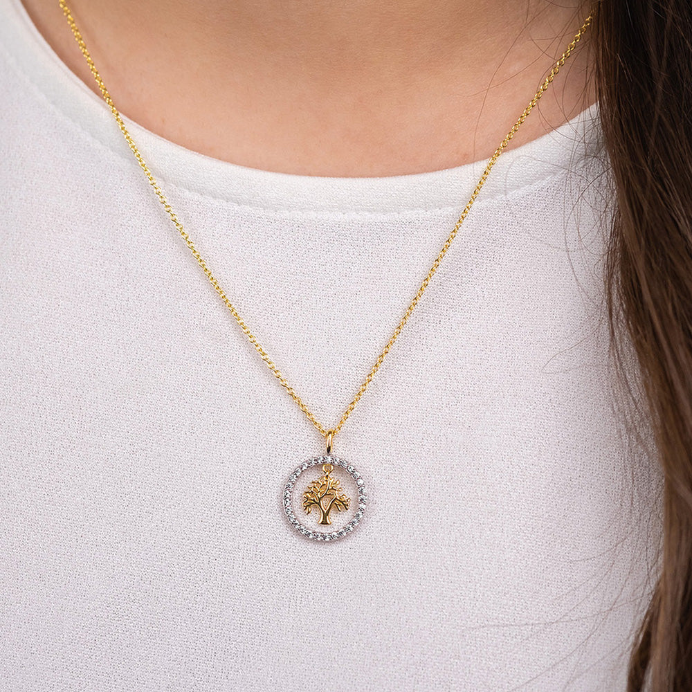 ENGELSRUFER SILVER & GOLD TREE OF LIFE DANGLE CZ HALO CIRCLE NECKLACE