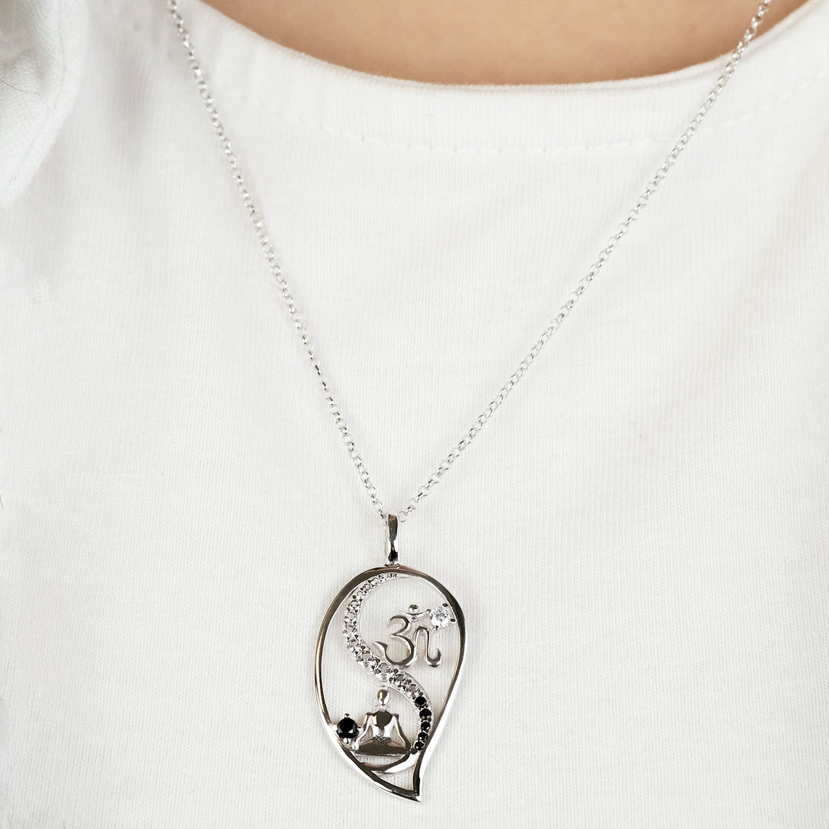 ENGELSRUFER SILVER DARK SHADE YIN YANG BALANCE BUDDHA OM CZ NECKLACE