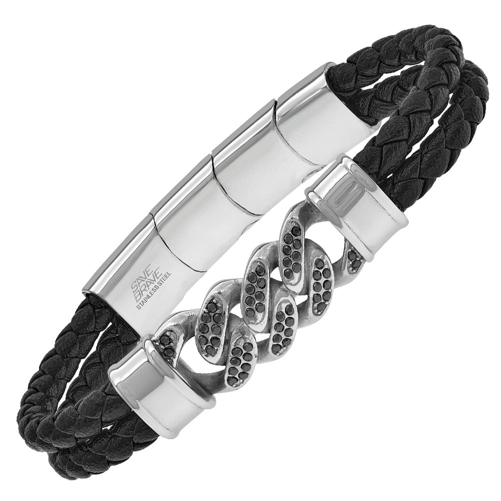 SAVE BRAVE FRANK BLACK CZ CURB LINK LEATHER BRACELET