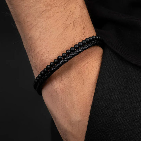 SAVE BRAVE MEN'S TYLER 2-STRAND BLACK LEATHER ONYX BEAD BRACELET