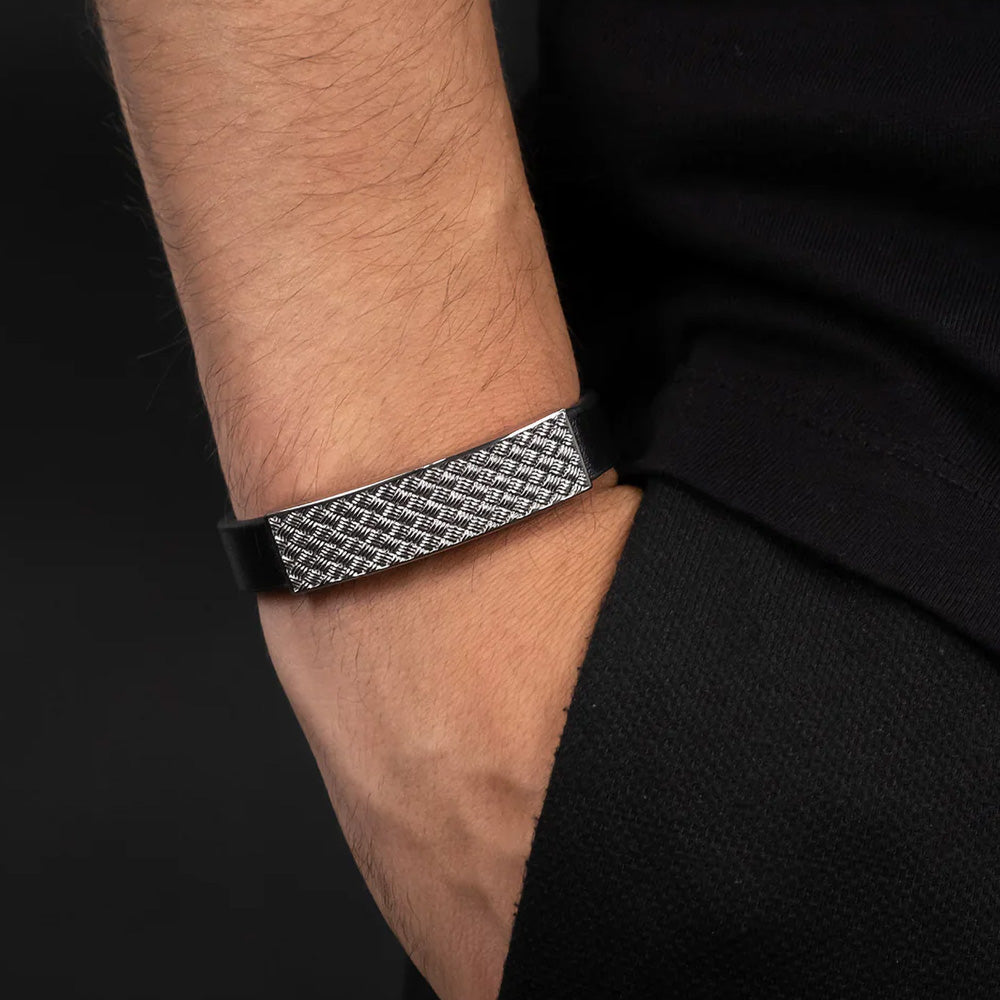 SAVE BRAVE WEAVE CHECKER PLATE MEN'S LEATHER BRACELET