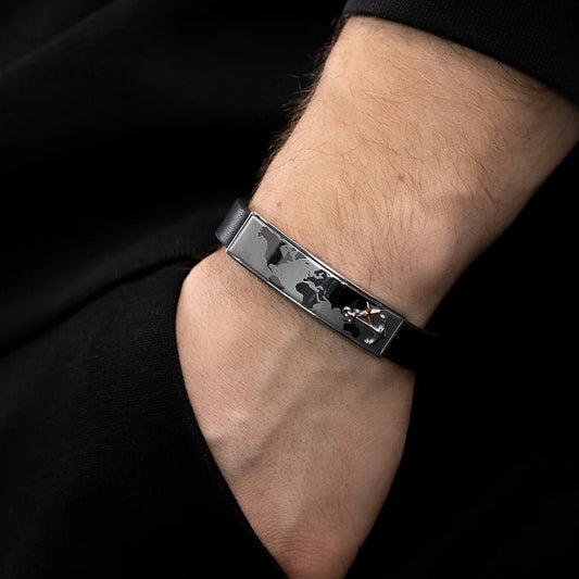 SAVE BRAVE WORLD MAP ANCHOR LEATHER BRACELET