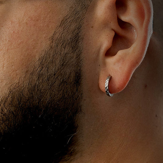 SAVE BRAVE WEAVE CHECKER PLATE HUGGIE HOOP MEN'S EARRING