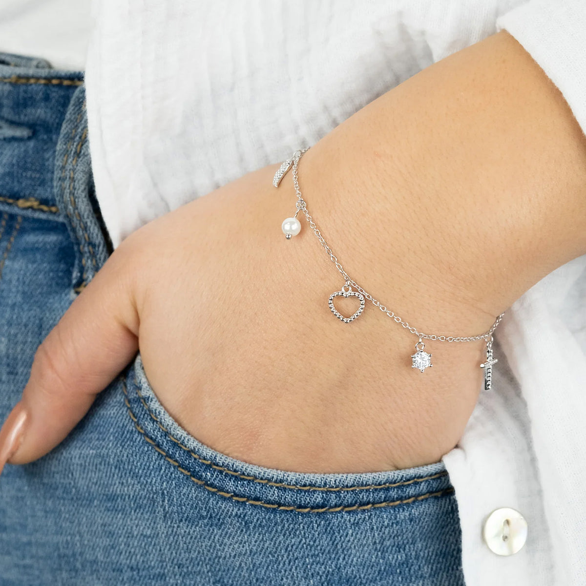 ENGELSRUFER SILVER FAITH LOVE HOPE PEARL SHINY CZ BRACELET