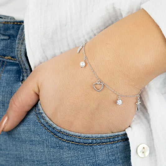 ENGELSRUFER SILVER FAITH LOVE HOPE PEARL SHINY CZ BRACELET