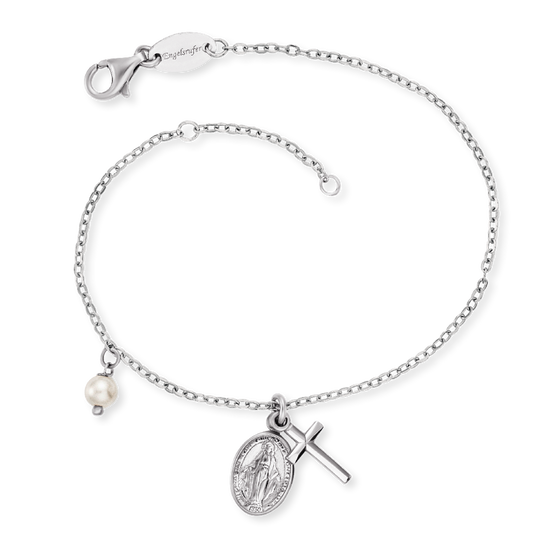 ENGELSRUFER SILVER SILVER VIRGIN MARY MARIA CROSS PEARL BRACELET
