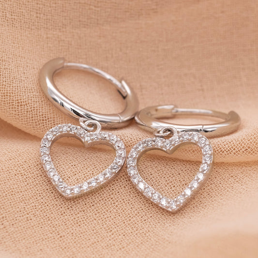 ENGELSRUFER SILVER SHINY HEART PAVE CZ HOOP EARRINGS