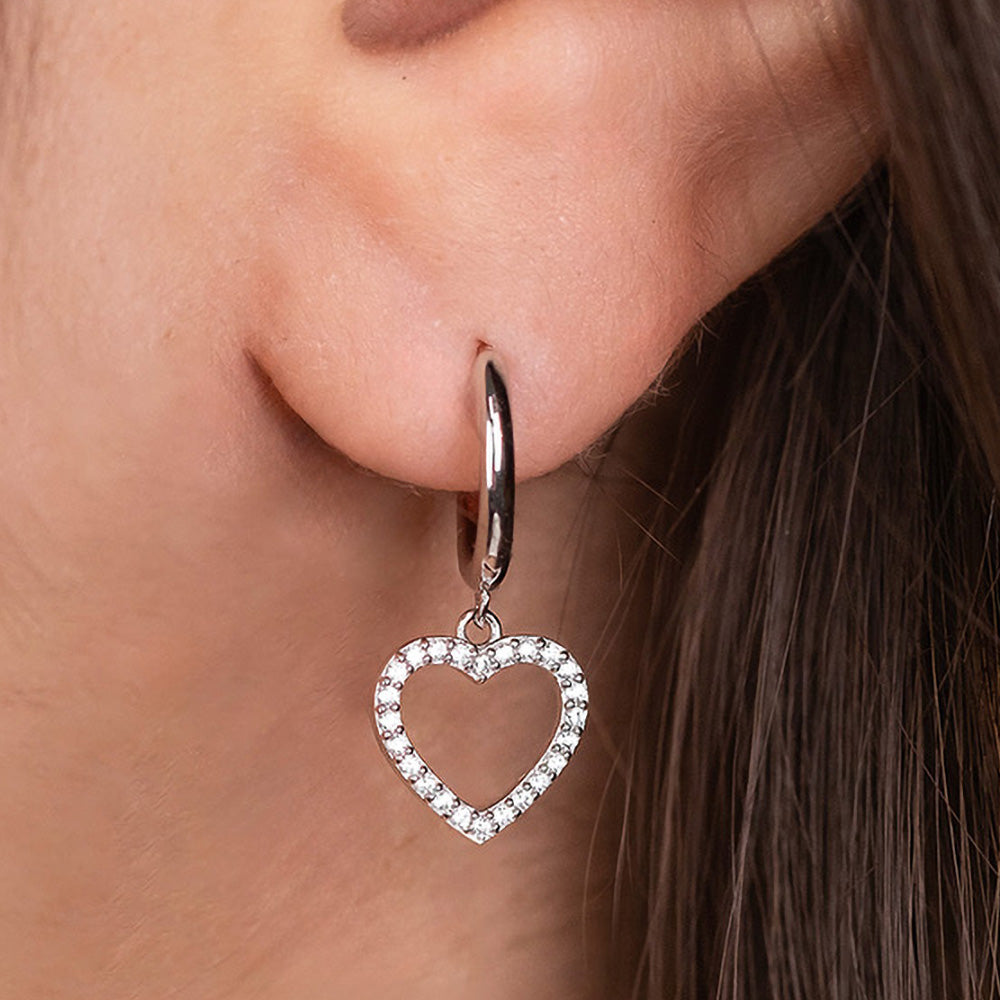 ENGELSRUFER SILVER SHINY HEART PAVE CZ HOOP EARRINGS