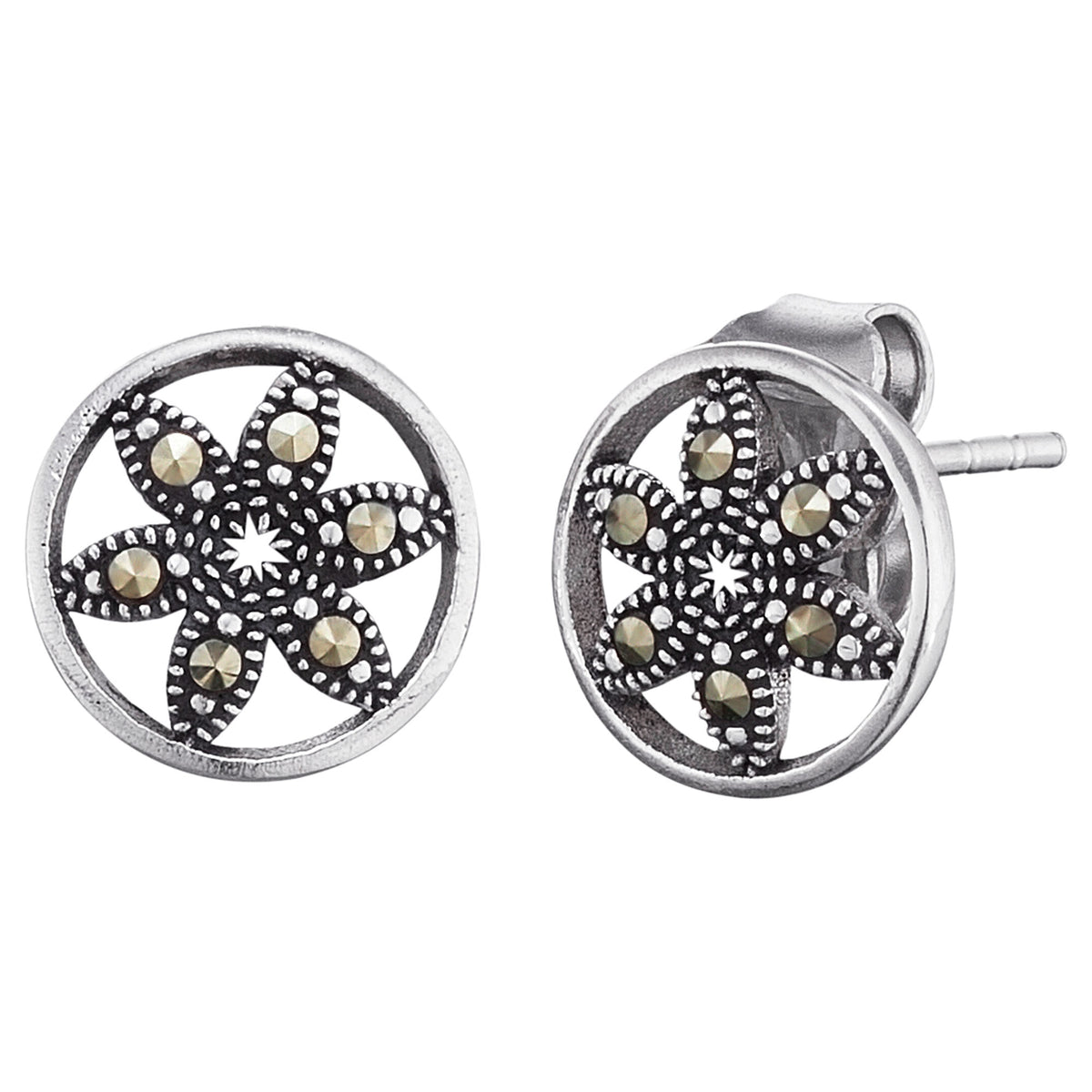 ENGELSRUFER SILVER MARCASITE FLOWER OF LIFE STUD EARRINGS