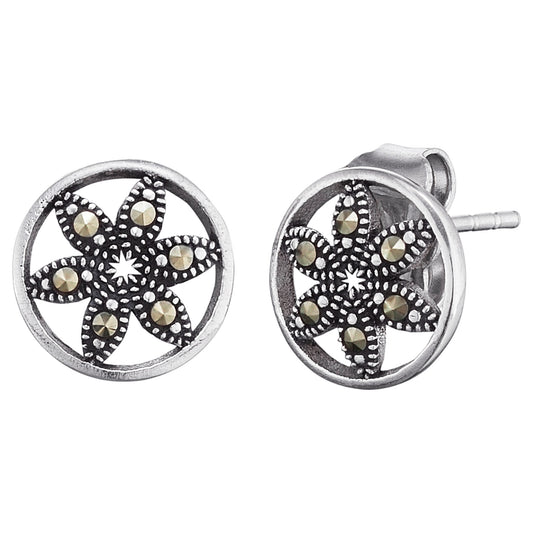 ENGELSRUFER SILVER MARCASITE FLOWER OF LIFE STUD EARRINGS