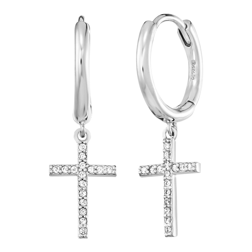 ENGELSRUFER SILVER LITTLE CROSS CZ DANGLE HOOP EARRINGS