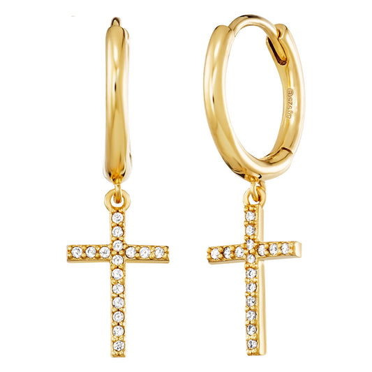 ENGELSRUFER GOLD LITTLE CROSS CZ DANGLE HOOP EARRINGS