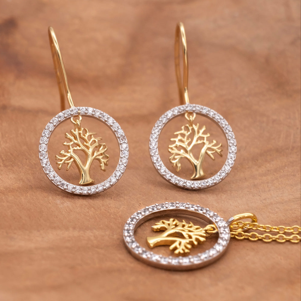 ENGELSRUFER SILVER & GOLD TREE OF LIFE DANGLE CZ HALO CIRCLE EARRINGS
