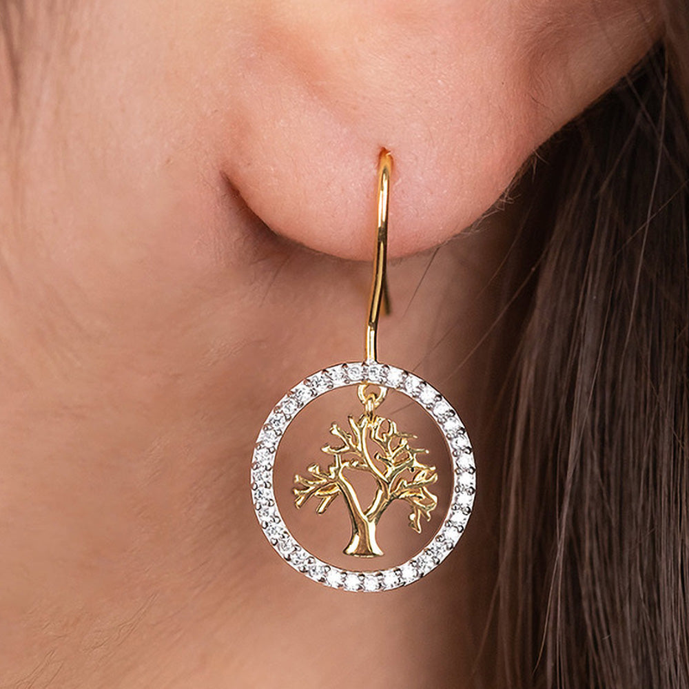 ENGELSRUFER SILVER & GOLD TREE OF LIFE DANGLE CZ HALO CIRCLE EARRINGS