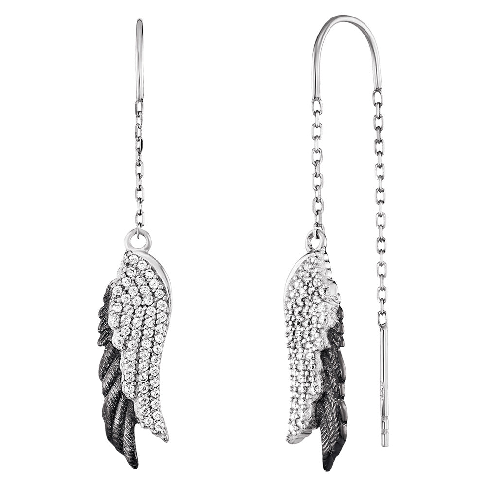 ENGELSRUFER SILVER BLACK WING DUO CZ THREAD EARRINGS