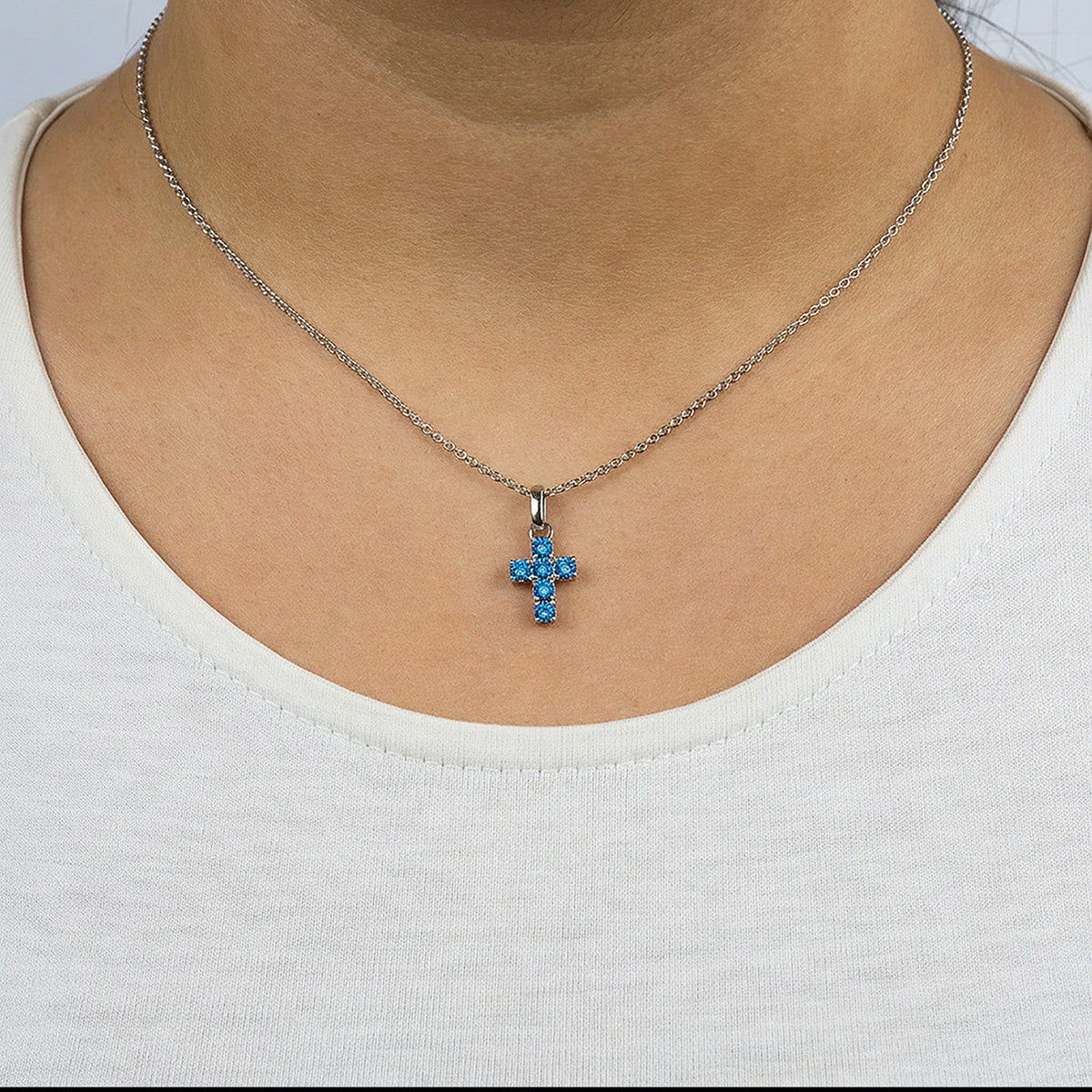 ENGELSRUFER SILVER HOPE CROSS BLUE CZ NECKLACE