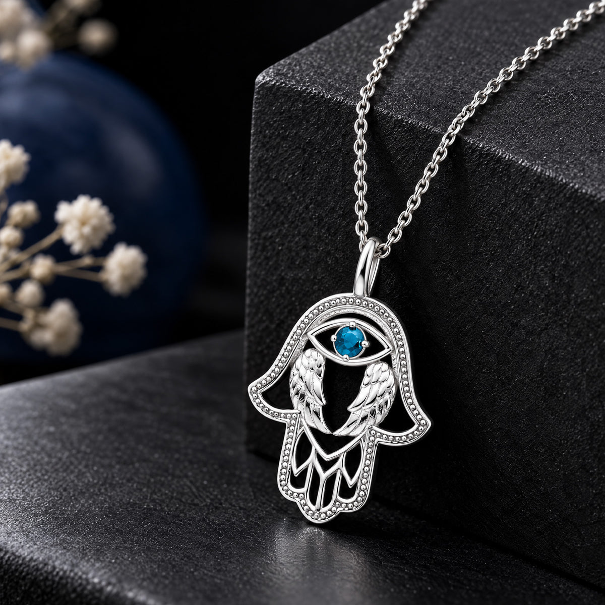 ENGELSRUFER SILVER FATIMA HAND LUCKY EYE NECKLACE