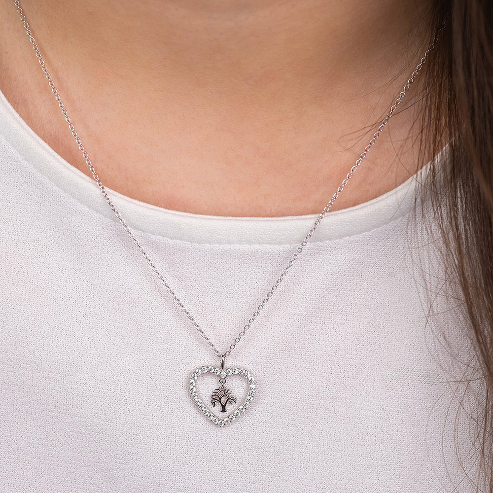 ENGELSRUFER SILVER TREE OF LIFE DANGLE CZ HALO HEART NECKLACE