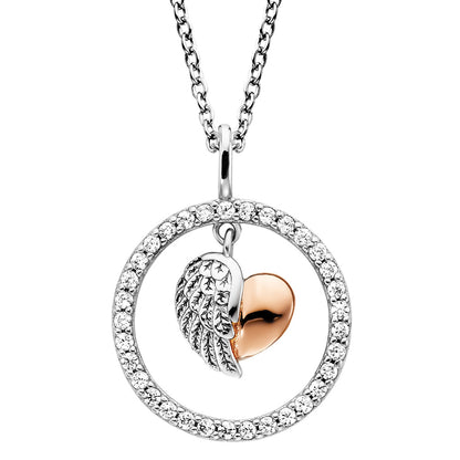ENGELSRUFER SILVER ROSE GOLD HEARTWING DANGLE CZ HALO CIRCLE NECKLACE