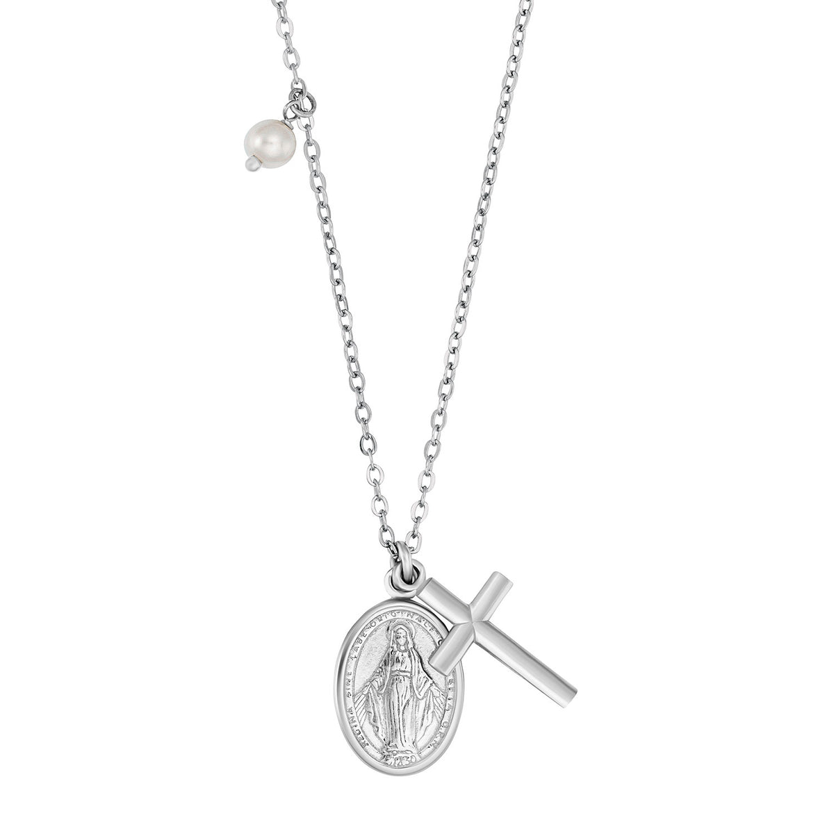ENGELSRUFER SILVER VIRGIN MARY MARIA CROSS PEARL NECKLACE