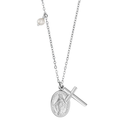 ENGELSRUFER SILVER VIRGIN MARY MARIA CROSS PEARL NECKLACE