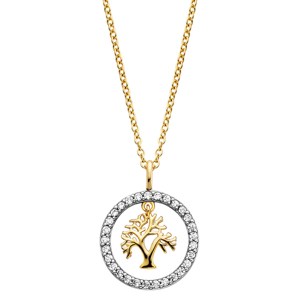 ENGELSRUFER SILVER & GOLD TREE OF LIFE DANGLE CZ HALO CIRCLE NECKLACE