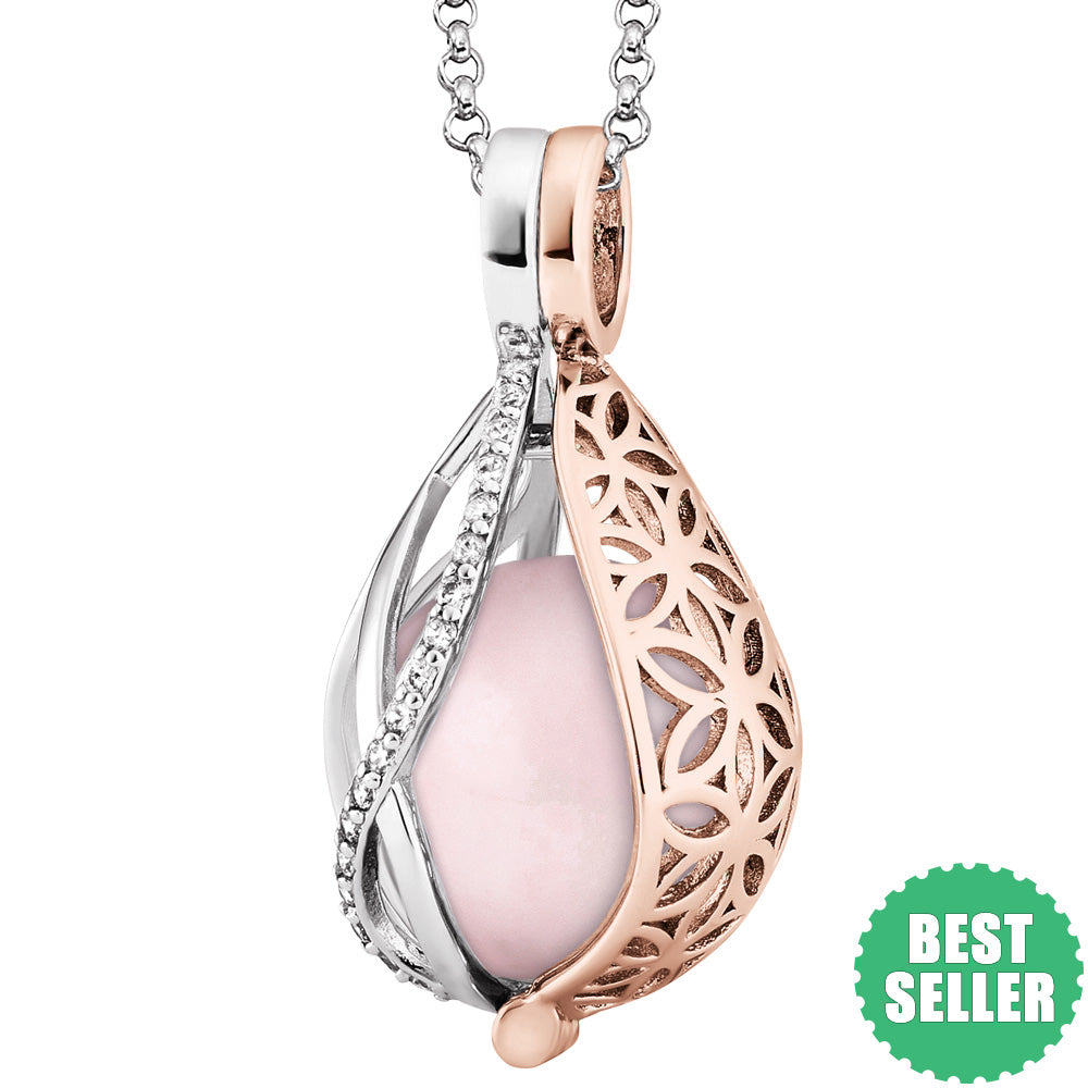 ENGELSRUFER SILVER TEAR OF HEAVEN FLOWER OF LIFE ROSE QUARTZ NECKLACE