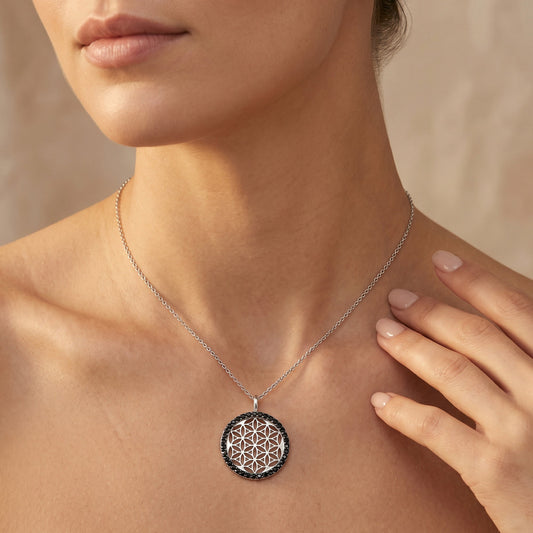 ENGELSRUFER SILVER FLOWER OF LIFE BLACK CZ PENDANT