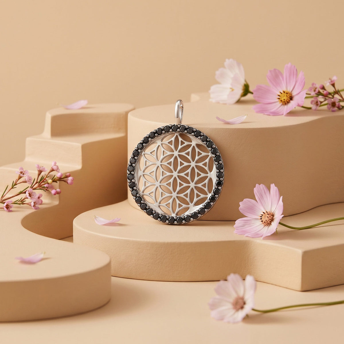ENGELSRUFER SILVER FLOWER OF LIFE BLACK CZ PENDANT