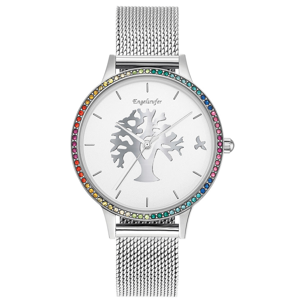 ENGELSRUFER TREE OF LIFE SILVER MESH RAINBOW CZ SURROUND WATCH