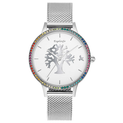 ENGELSRUFER TREE OF LIFE SILVER MESH RAINBOW CZ SURROUND WATCH