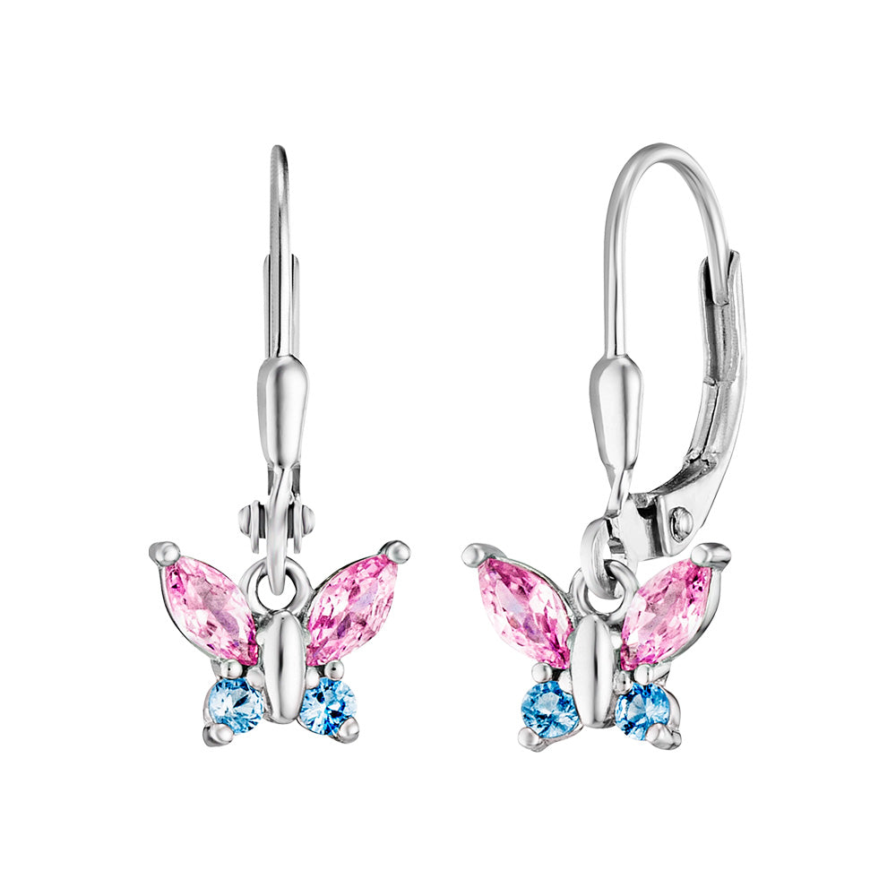 HERZENGEL BUTTERFLY PINK BLUE CZ LEVER BACK CHILDREN'S EARRINGS