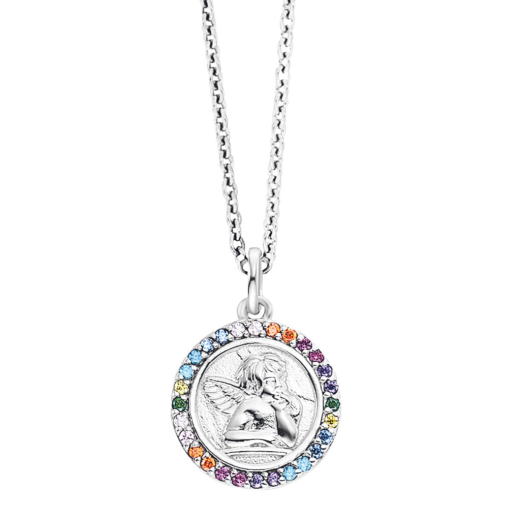 HERZENGEL CHERUB ANGEL MEDALLION RAINBOW CZ NECKLACE