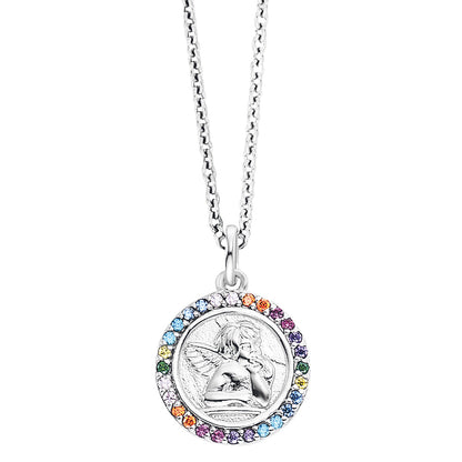 HERZENGEL CHERUB ANGEL MEDALLION RAINBOW CZ NECKLACE