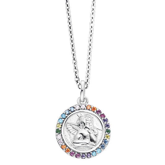 HERZENGEL CHERUB ANGEL MEDALLION RAINBOW CZ NECKLACE