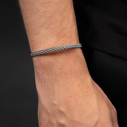 SAVE BRAVE WEAVE CHECKER PLATE MEN'S STEEL THIN CUFF BRACELET