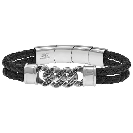 SAVE BRAVE FRANK BLACK CZ CURB LINK LEATHER BRACELET