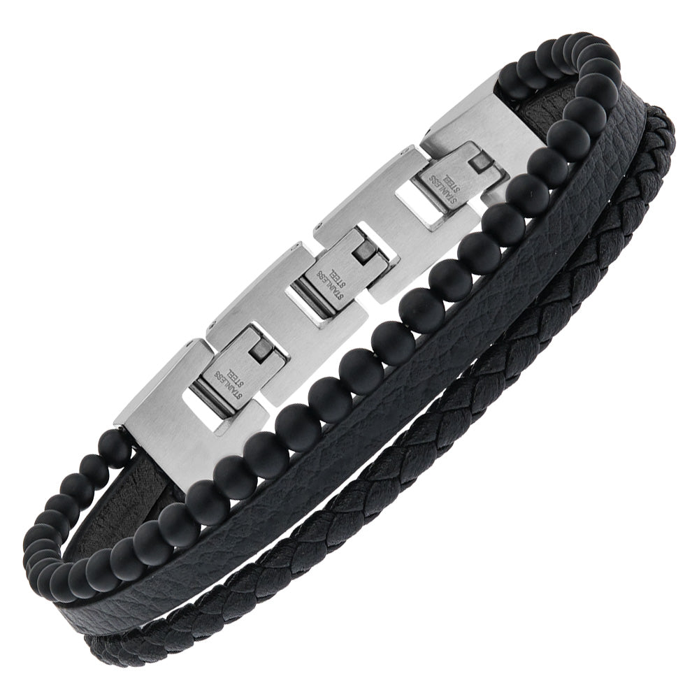 SAVE BRAVE TYLER BLACK LEATHER ONYX BEAD BRACELET