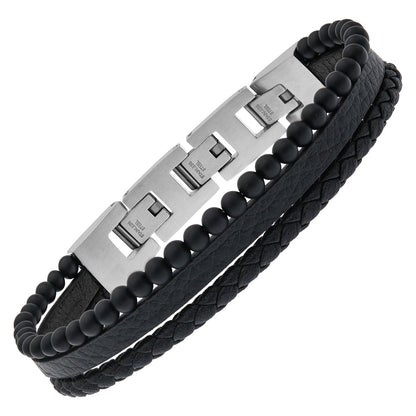 SAVE BRAVE TYLER BLACK LEATHER ONYX BEAD BRACELET