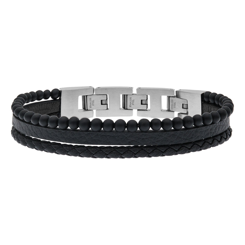 SAVE BRAVE TYLER BLACK LEATHER ONYX BEAD BRACELET